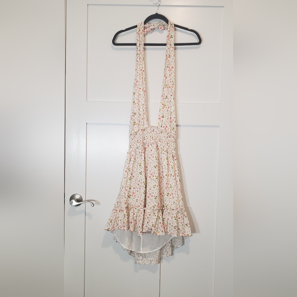 Aerie Halter Ditzy Mini Dress Cotton Lined White Pink Yellow Floral Size Medium